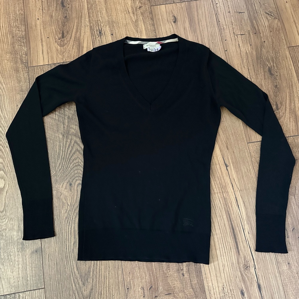 Black Burberry Merino Wool V-Neck Sweater (xs)